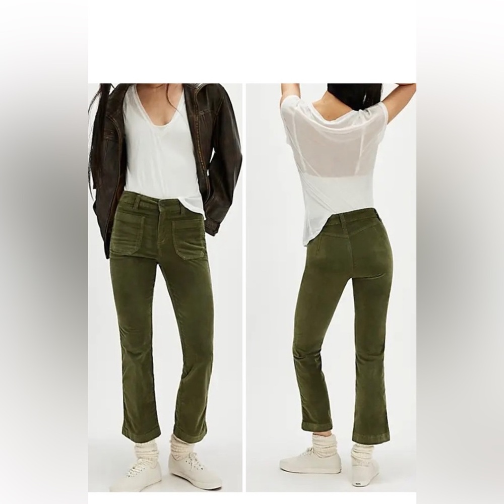 Free People High Time Velvet Kick Flare pants greyed olive green NWOT size 10